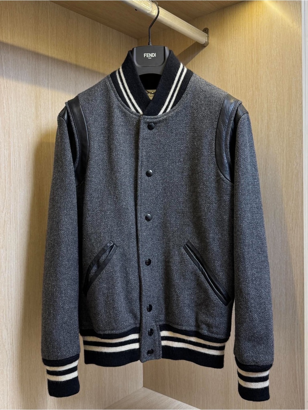 Saint Laurent Charcoal Gray and Black Wool Leather-Trim Varsity Jacket